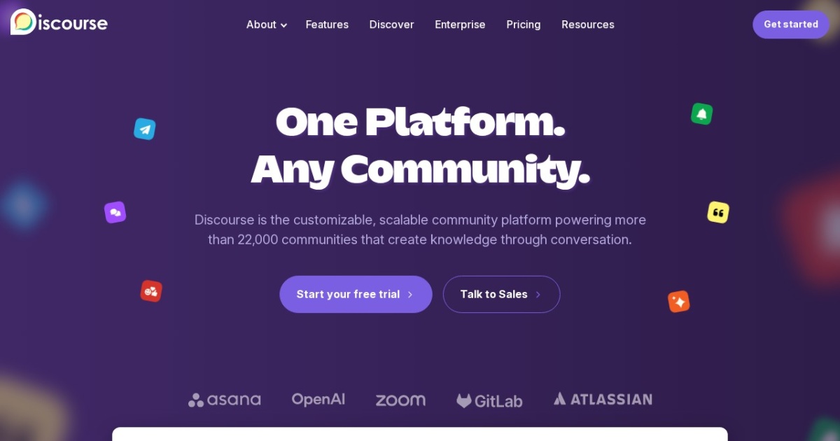 Screenshot of Discourse.org (marketing site for Discourse forum software)