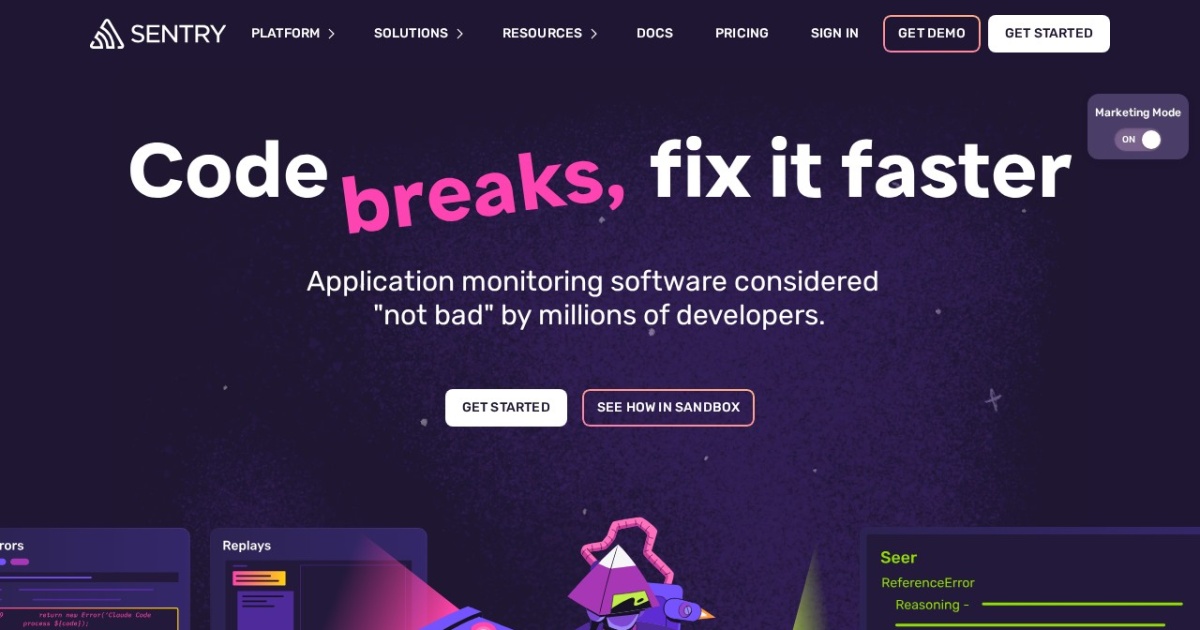 Screenshot of Sentry.io